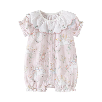 Baby Girl Short Sleeve Cotton Romper with Embroidered Collar – Floral Summer Outfit