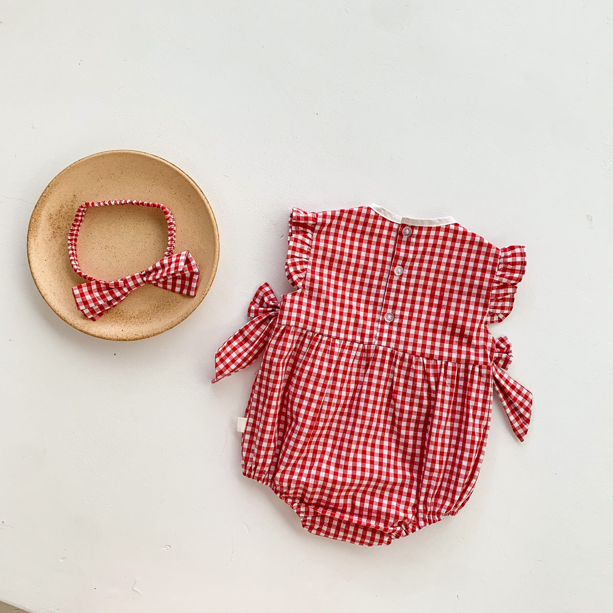 Baby Girl Red Plaid Embroidered Bodysuit with Headband – Lightweight Summer Outfit