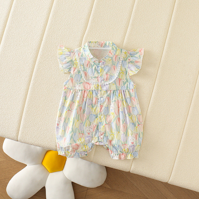 Baby Girl Tulip Bunny Ear Romper – Lightweight Summer Princess Bodysuit