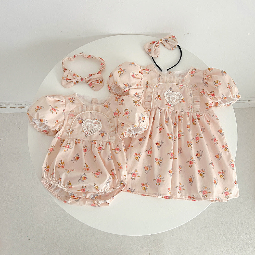Baby Girl Pink Floral Romper Dress – Short Sleeve Matching Sister Summer Outfit
