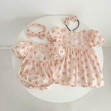 Baby Girl Pink Floral Romper Dress – Short Sleeve Matching Sister Summer Outfit