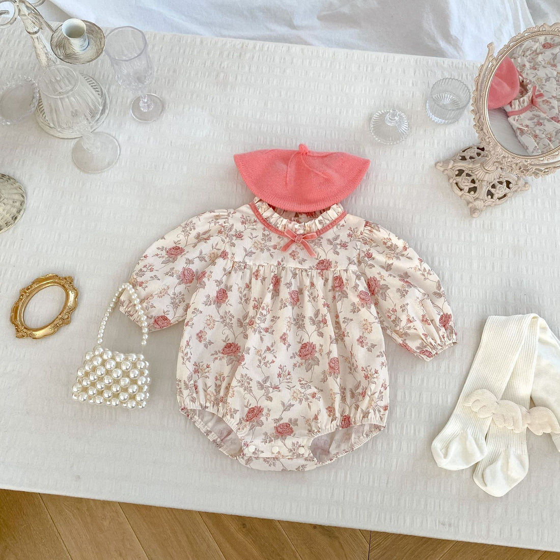 Baby Girl Floral Bow Bodysuit with Stand Collar – Long Sleeve Fall Outfit