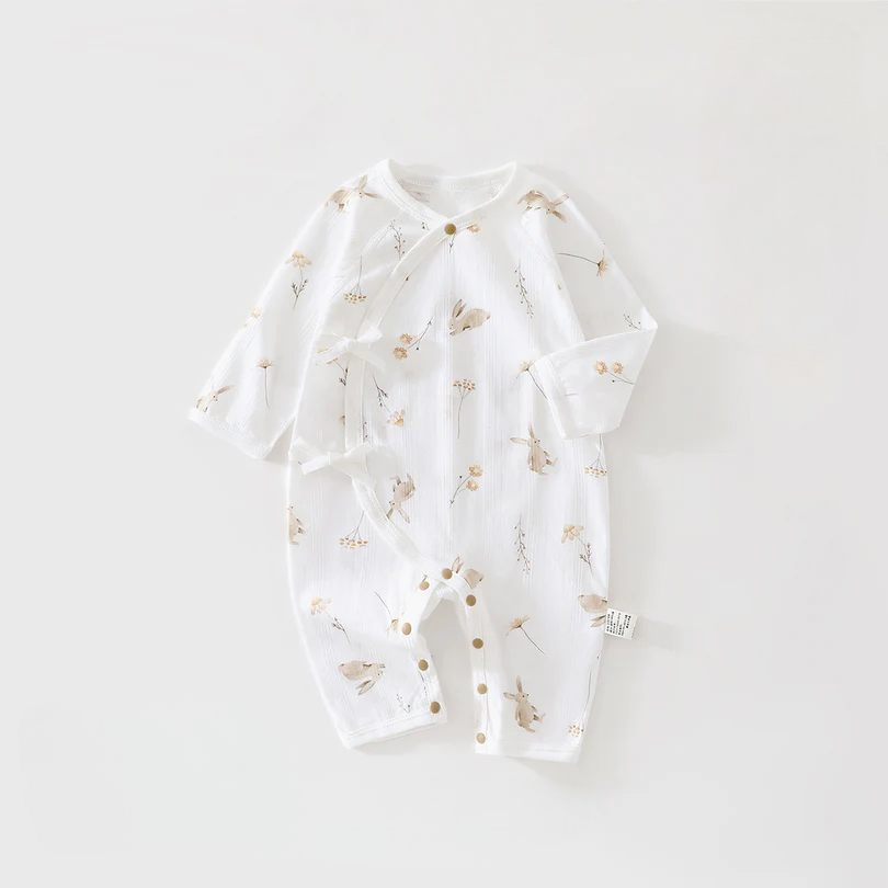 Newborn Tie-Side Cotton Sleep Romper – Lightweight Long Sleeve Summer Kimono Bodysuit