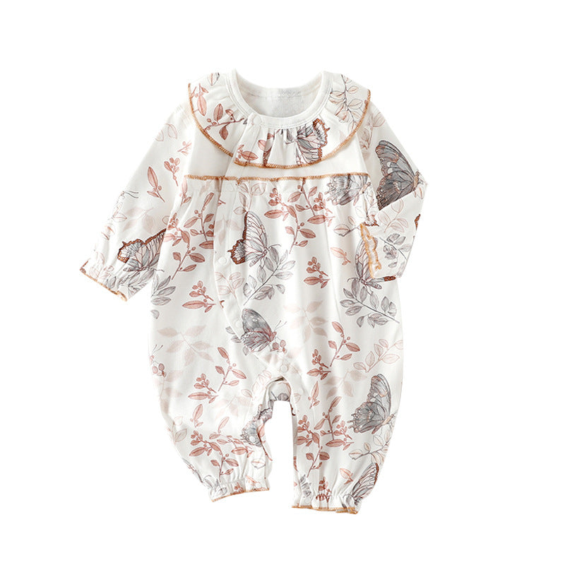 Baby Girl Long Sleeve Cotton Romper with Lace Trim – Side Snap Newborn Bodysuit