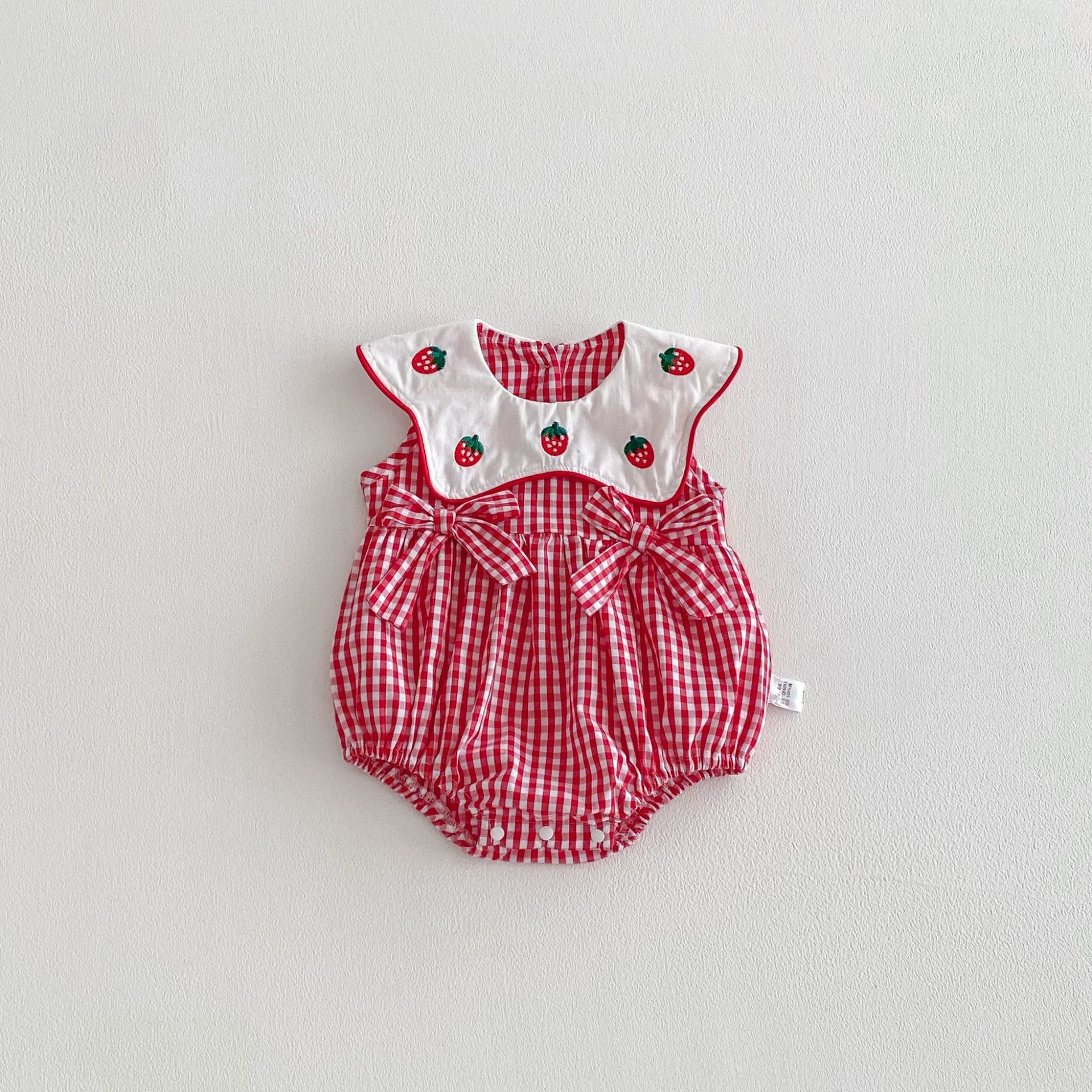 Baby Girl Red Plaid Embroidered Bodysuit with Headband – Lightweight Summer Outfit