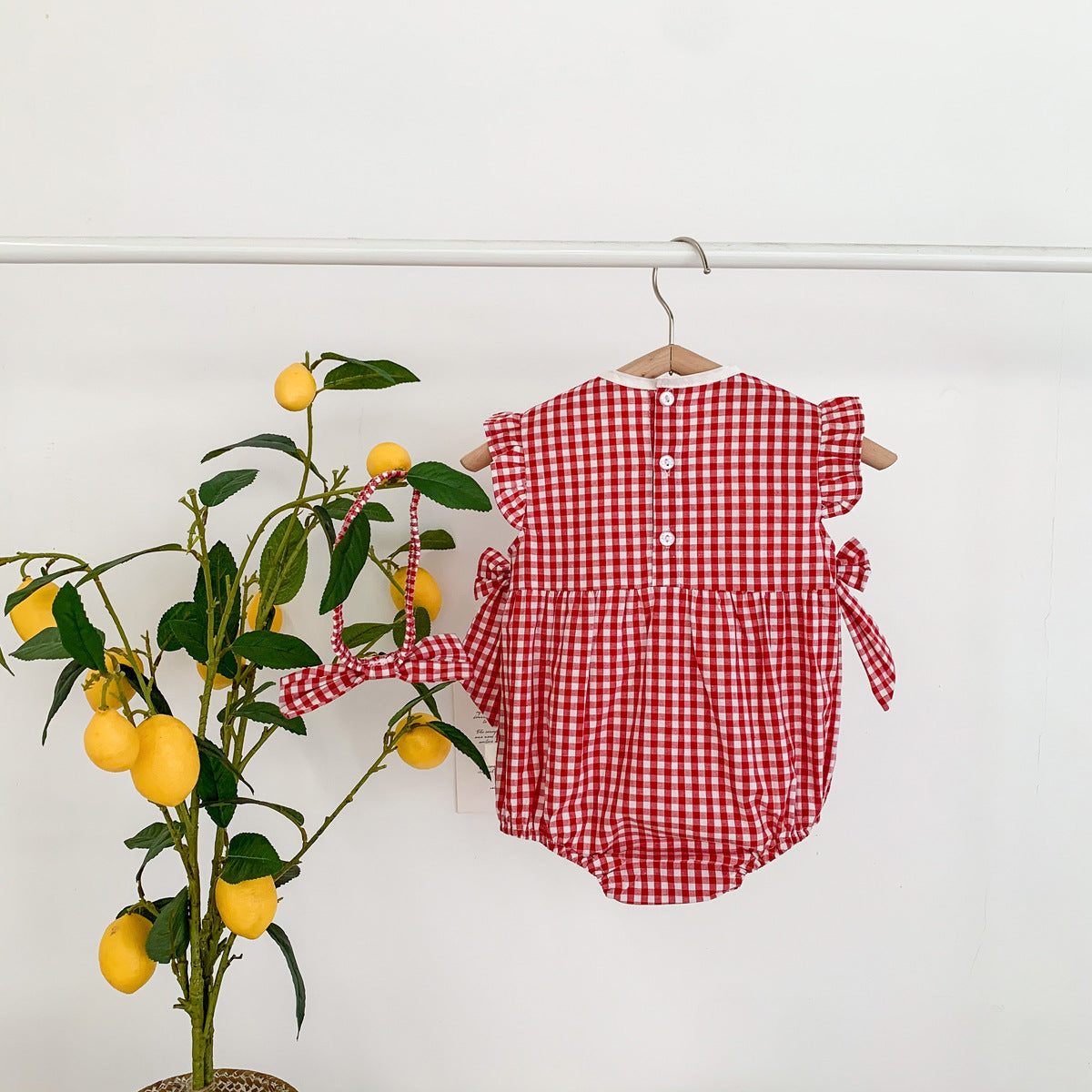 Baby Girl Red Plaid Embroidered Bodysuit with Headband – Lightweight Summer Outfit