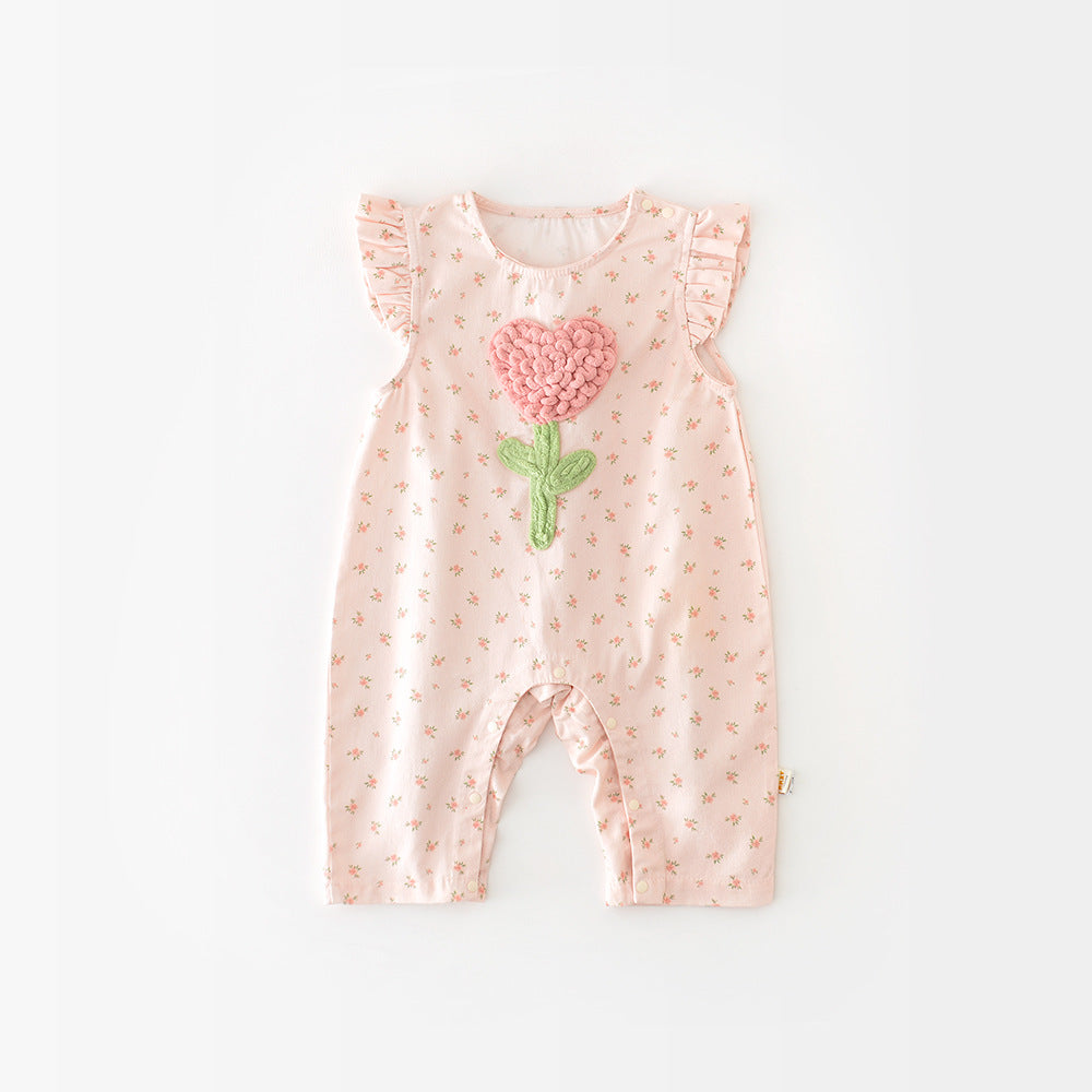 Baby Girl Floral Suspender Jumpsuit with Flutter Sleeves – Spring Newborn Outfit