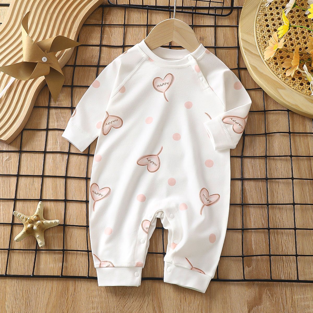 Newborn Cotton Jacquard Romper – Long Sleeve Seamless Spring Fall Bodysuit