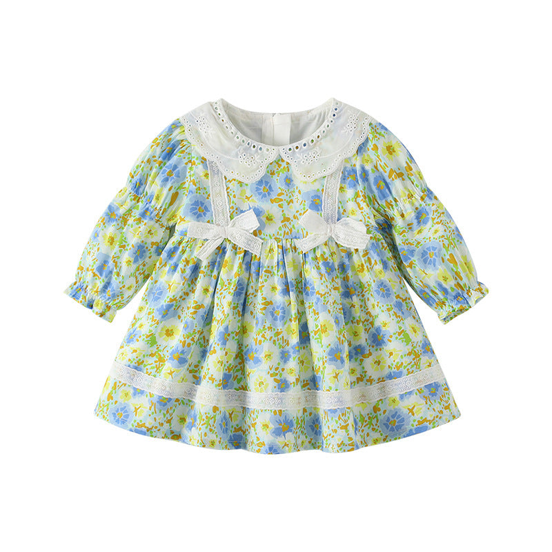 Baby Girl Long Sleeve Floral Princess Dress with Lace Bow – Spring Fall Outfit