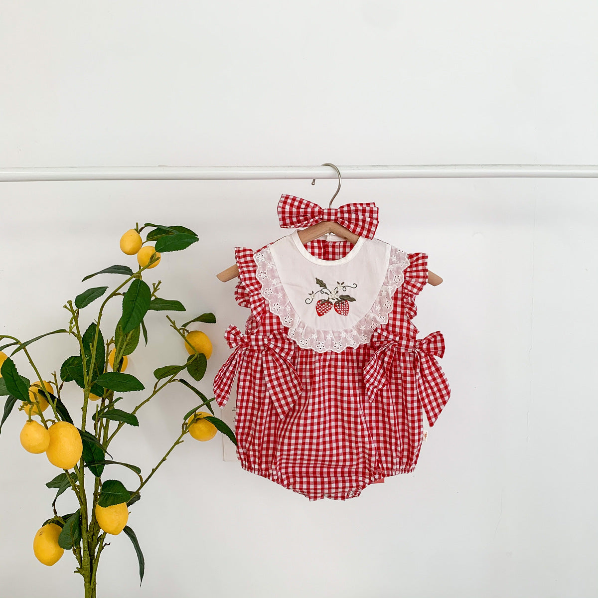 Baby Girl Red Plaid Embroidered Bodysuit with Headband – Lightweight Summer Outfit