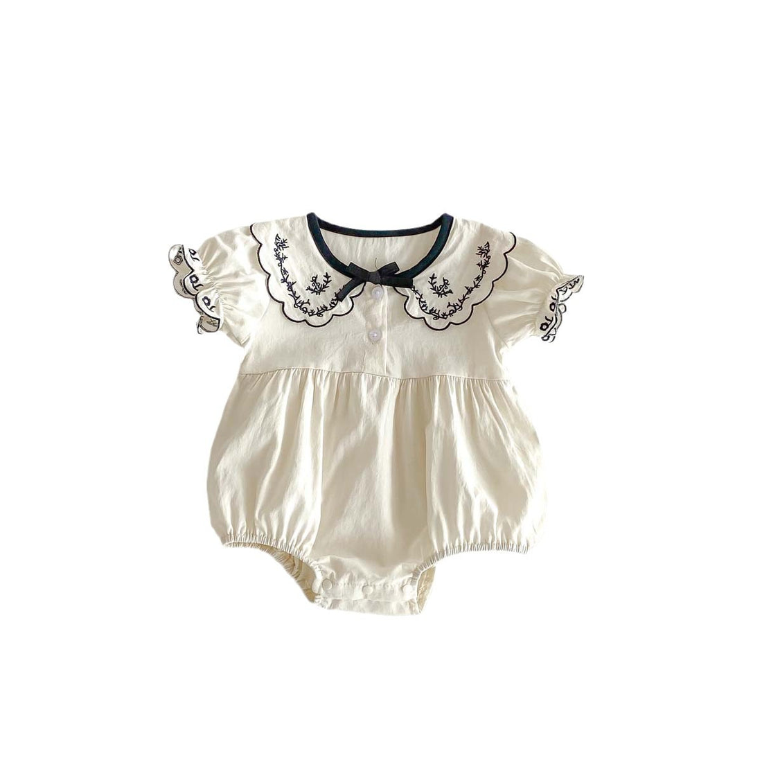 Newborn Baby Girl Embroidered Collar Bodysuit with Bow – Short Sleeve Summer Outfit