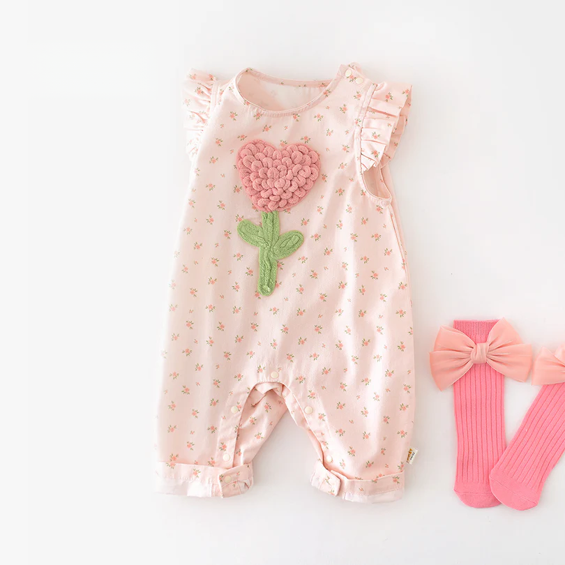 Baby Girl Floral Suspender Jumpsuit with Flutter Sleeves – Spring Newborn Outfit