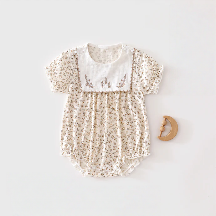 Newborn Baby Girl Floral Bib Bodysuit – Breathable Seamless Summer One-Piece
