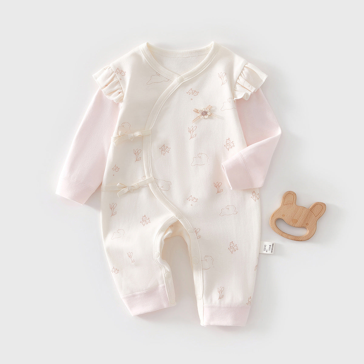 Newborn Baby Girl Cotton Romper with Lace Trim – Long Sleeve Spring Fall Outfit