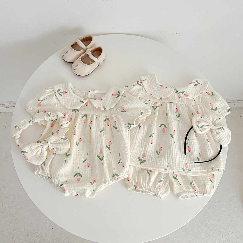 Baby Girl Tulip Gauze Bodysuit Set – Short Sleeve Summer Triangle Romper