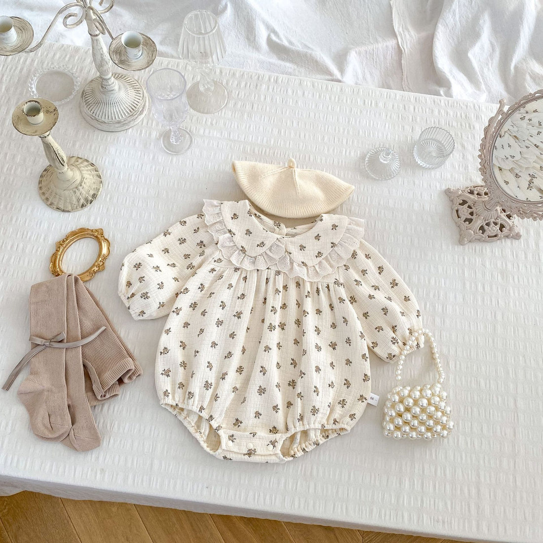 Baby Girl Floral Polka Dot Bodysuit with Lace Collar – Long Sleeve Spring Outfit