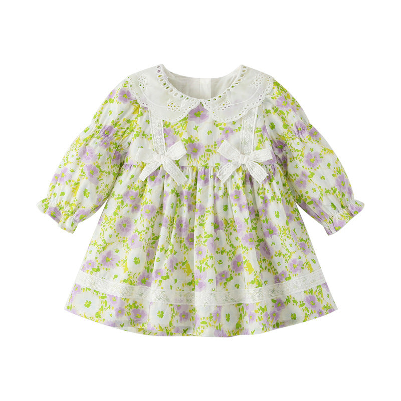 Baby Girl Long Sleeve Floral Princess Dress with Lace Bow – Spring Fall Outfit