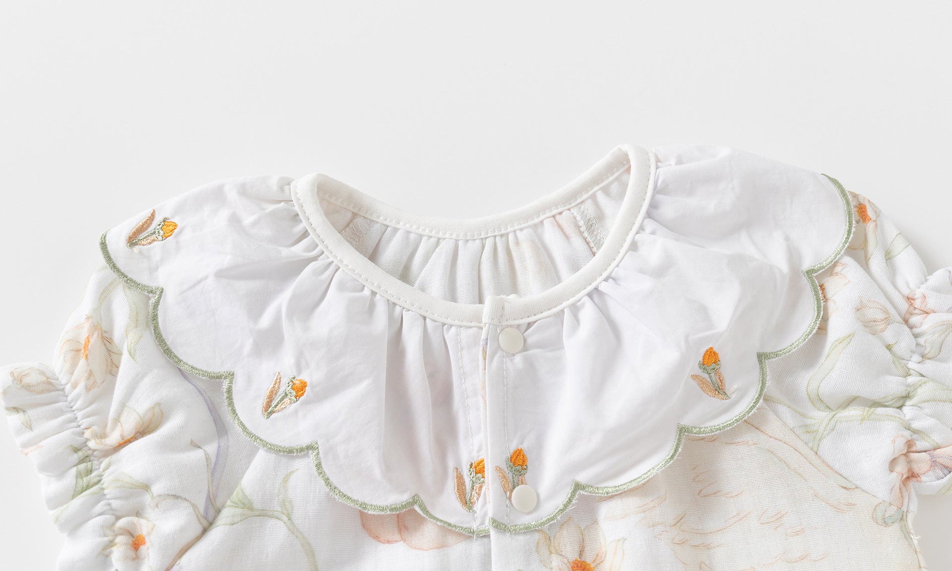 Baby Girl Short Sleeve Cotton Romper with Embroidered Collar – Floral Summer Outfit