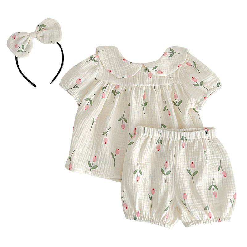 Baby Girl Tulip Gauze Bodysuit Set – Short Sleeve Summer Triangle Romper