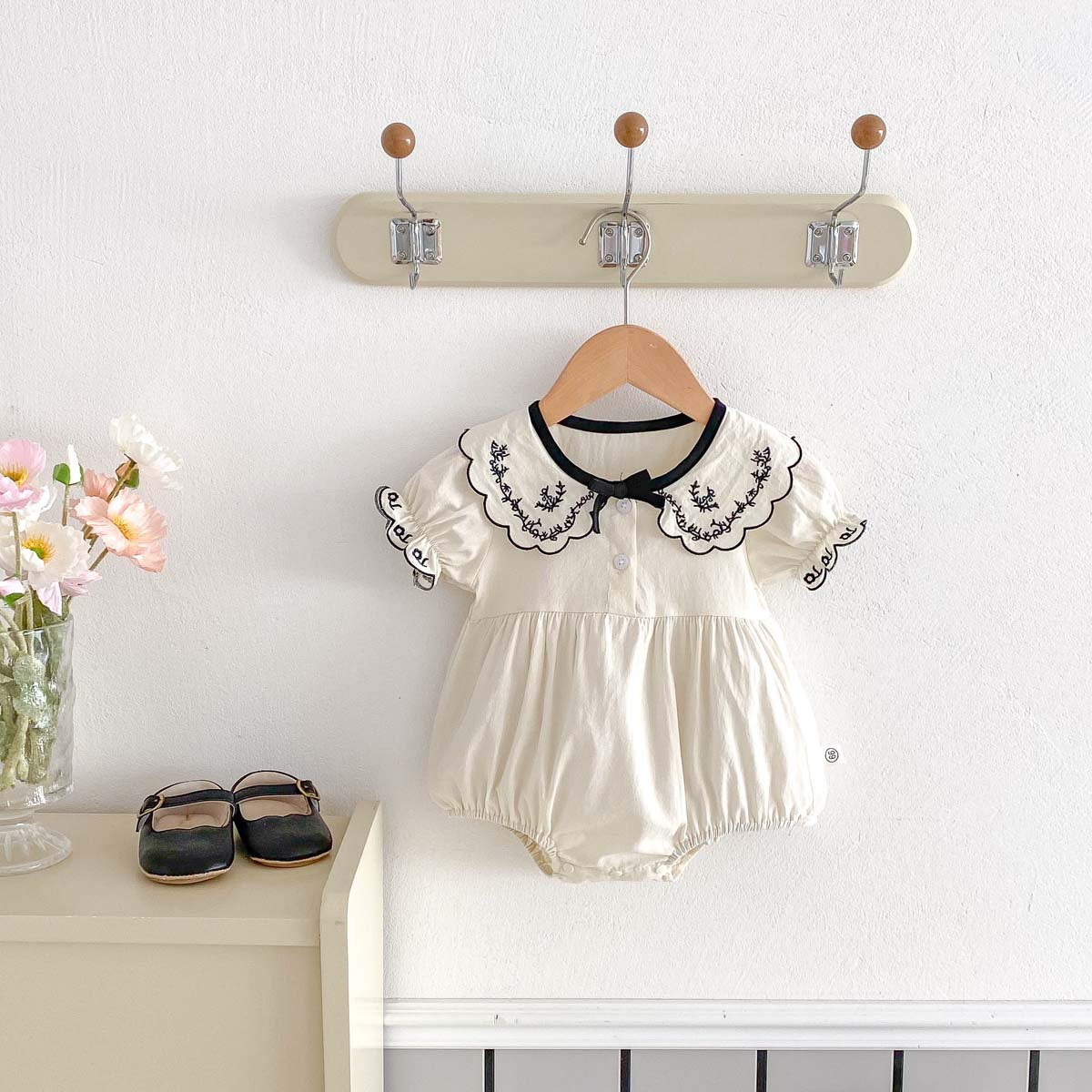 Newborn Baby Girl Embroidered Collar Bodysuit with Bow – Short Sleeve Summer Outfit
