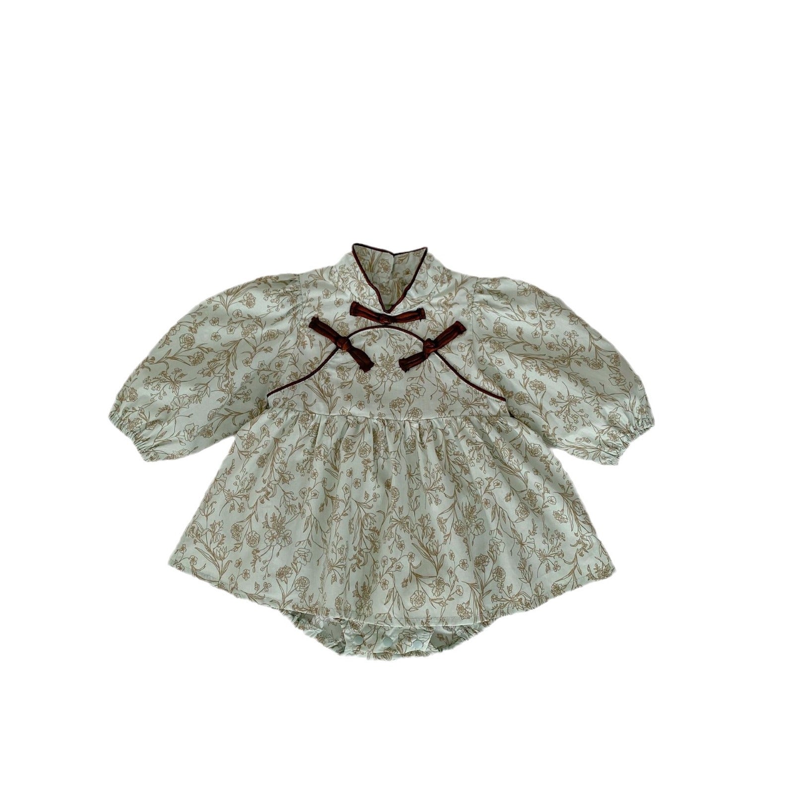 Baby Girl Chinese-Inspired Floral Romper Dress – Long Sleeve Fall Outfit