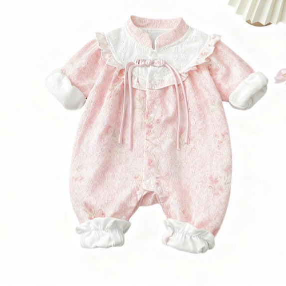 Baby Girl Chinese Style Floral Romper with Stand Collar – Long Sleeve Vintage Fall Outfit