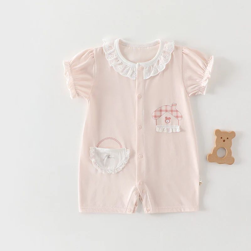 Baby Girl Lace Collar Short Sleeve Bodysuit – Lightweight Breathable Summer Romper