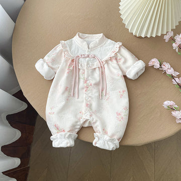 Baby Girl Chinese Style Floral Romper with Stand Collar – Long Sleeve Vintage Fall Outfit