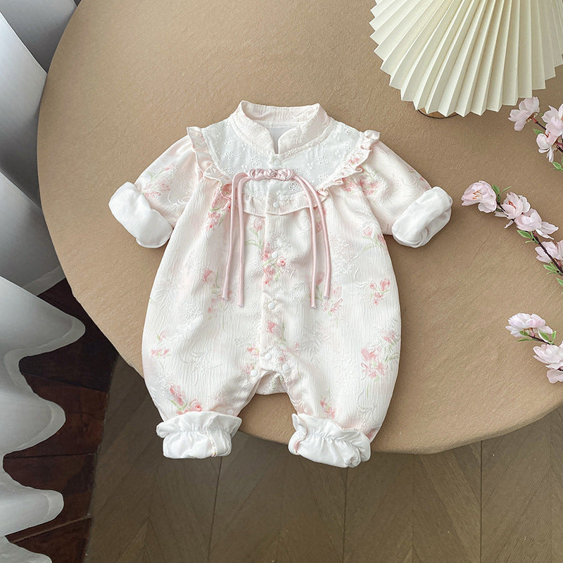 Baby Girl Chinese Style Floral Romper with Stand Collar – Long Sleeve Vintage Fall Outfit