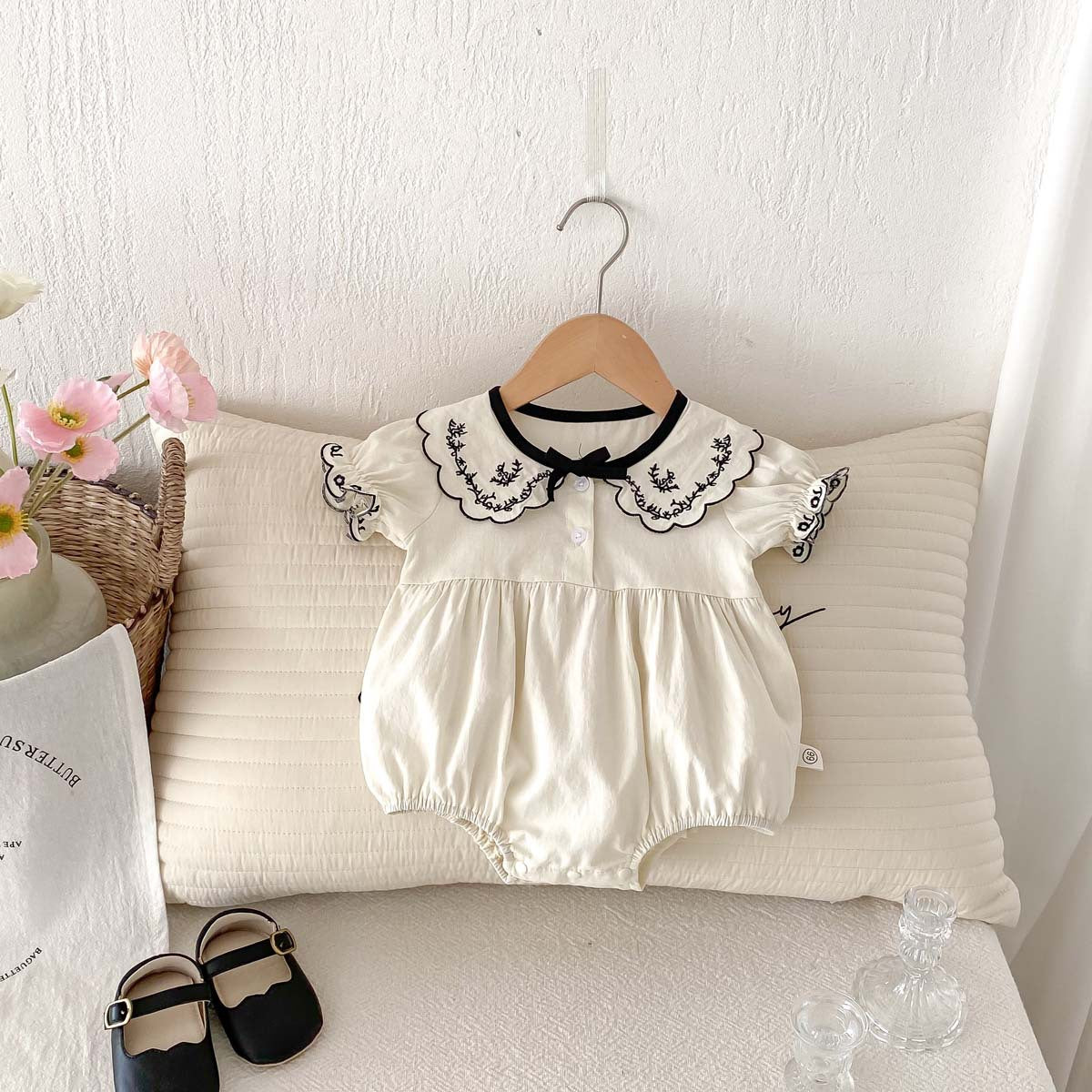 Newborn Baby Girl Embroidered Collar Bodysuit with Bow – Short Sleeve Summer Outfit