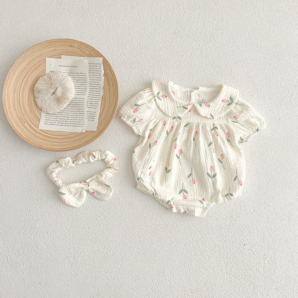 Baby Girl Tulip Gauze Bodysuit Set – Short Sleeve Summer Triangle Romper