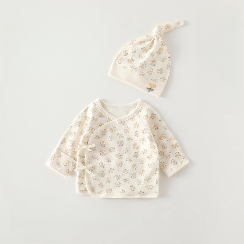 Newborn Cotton Baby Top with Hat – Seamless Side-Tie Infant Shirt