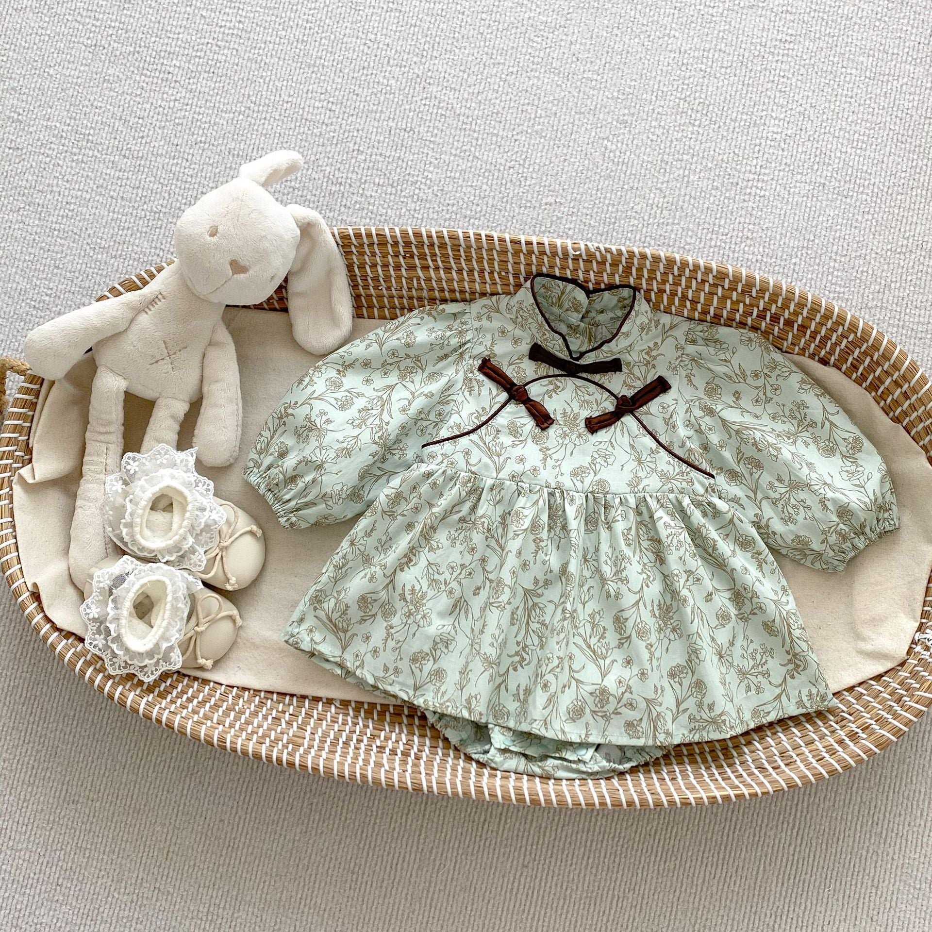 Baby Girl Chinese-Inspired Floral Romper Dress – Long Sleeve Fall Outfit