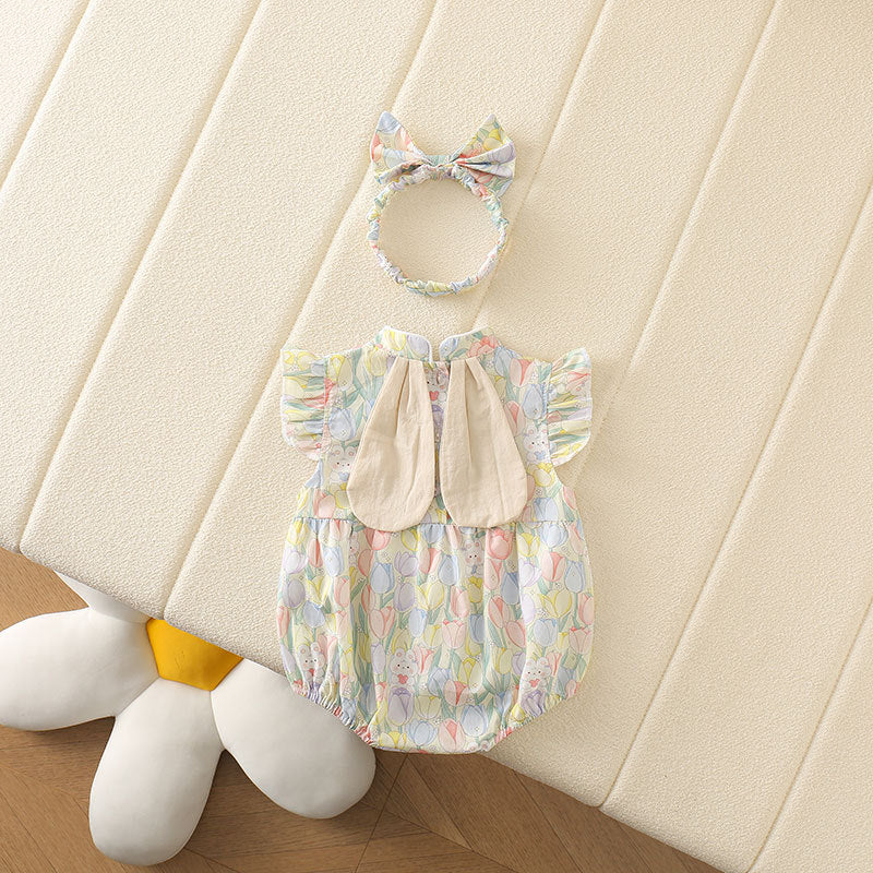 Baby Girl Tulip Bunny Ear Romper – Lightweight Summer Princess Bodysuit