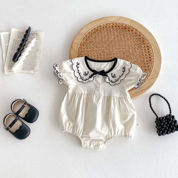 Newborn Baby Girl Embroidered Collar Bodysuit with Bow – Short Sleeve Summer Outfit