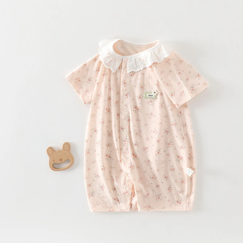 Baby Girl Lace Collar Short Sleeve Bodysuit – Lightweight Breathable Summer Romper