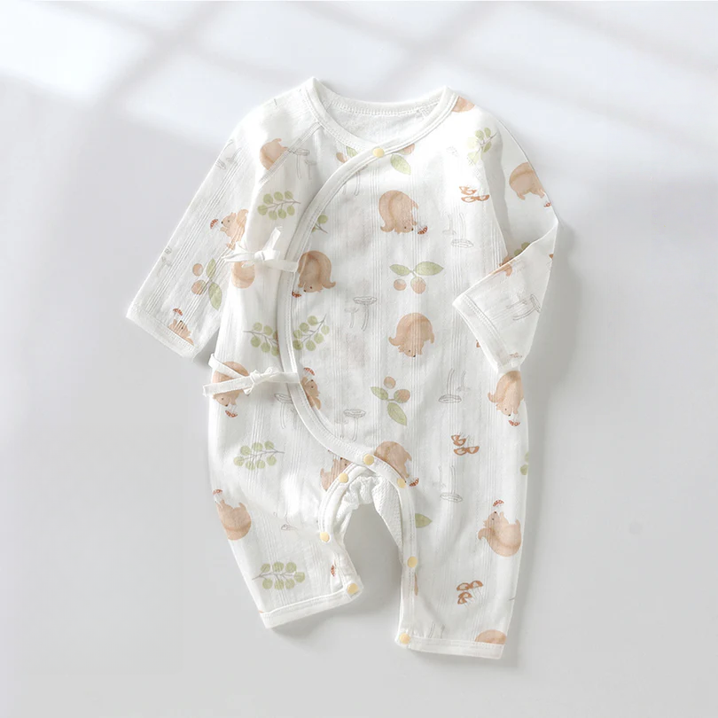 Newborn Tie-Side Cotton Sleep Romper – Lightweight Long Sleeve Summer Kimono Bodysuit