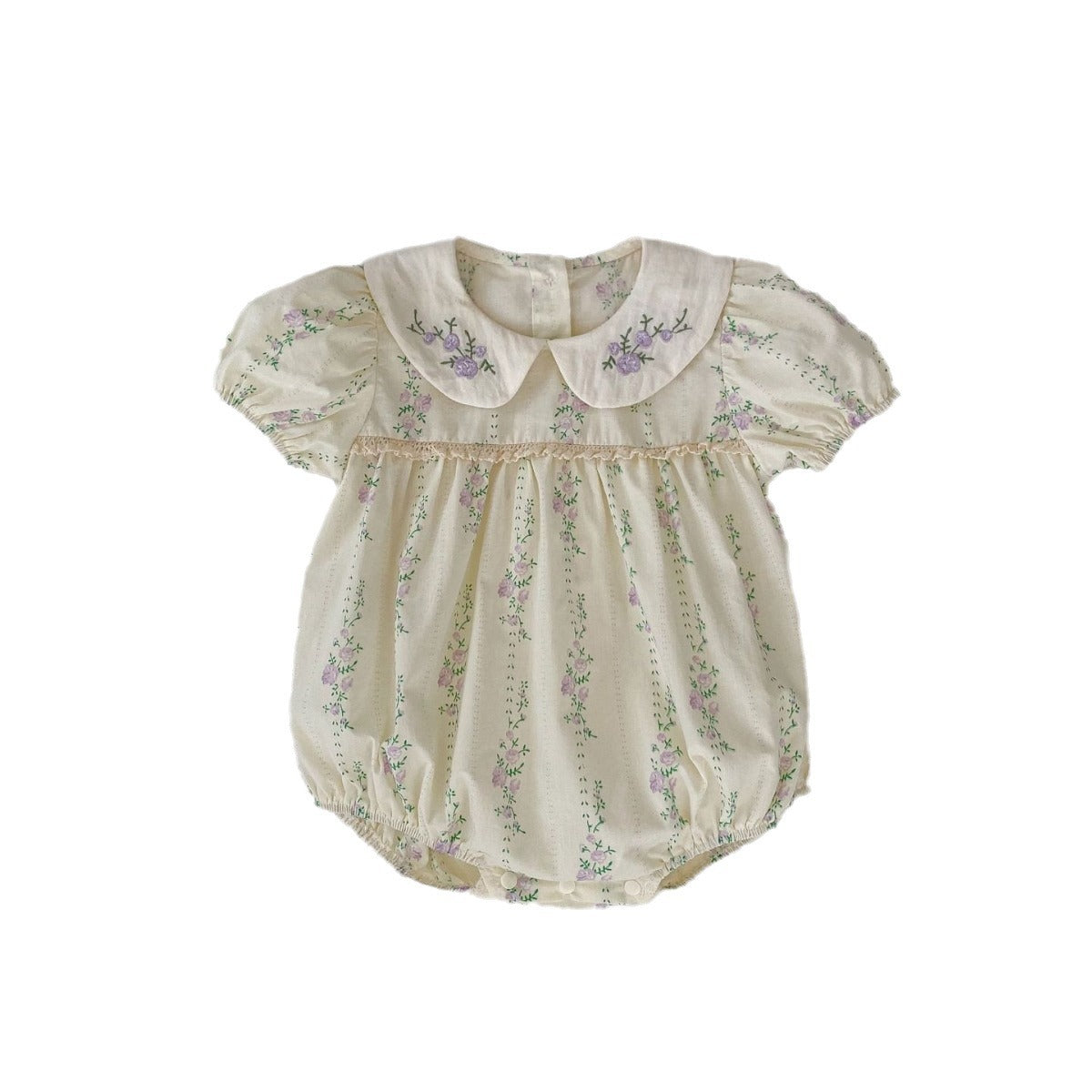 Baby Girl Purple Floral Bodysuit with Embroidered Doll Collar – Short Sleeve Summer Romper