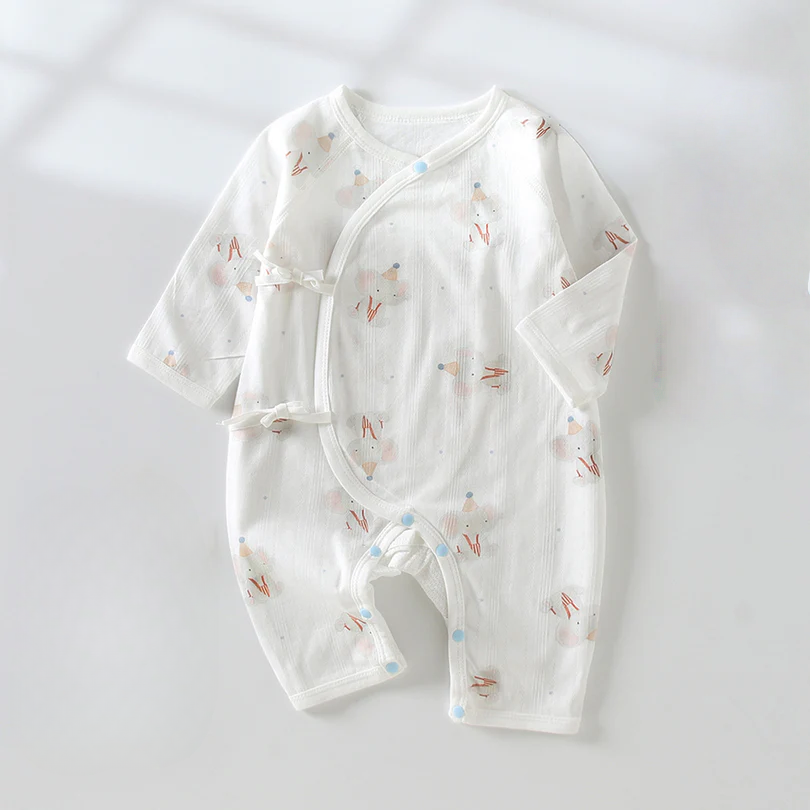 Newborn Tie-Side Cotton Sleep Romper – Lightweight Long Sleeve Summer Kimono Bodysuit