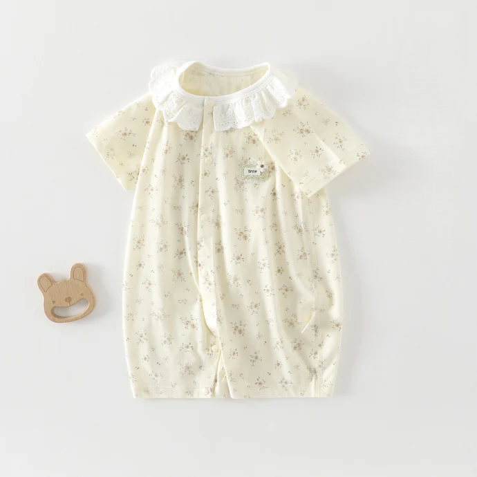Baby Girl Lace Collar Short Sleeve Bodysuit – Lightweight Breathable Summer Romper