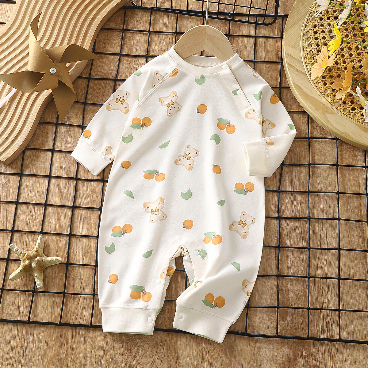 Newborn Cotton Jacquard Romper – Long Sleeve Seamless Spring Fall Bodysuit