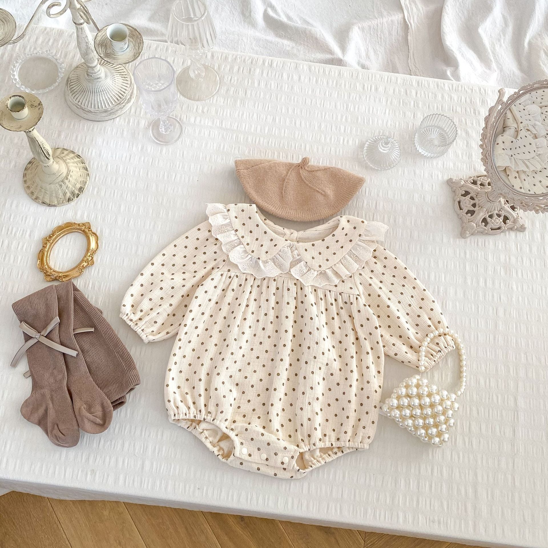 Baby Girl Floral Polka Dot Bodysuit with Lace Collar – Long Sleeve Spring Outfit