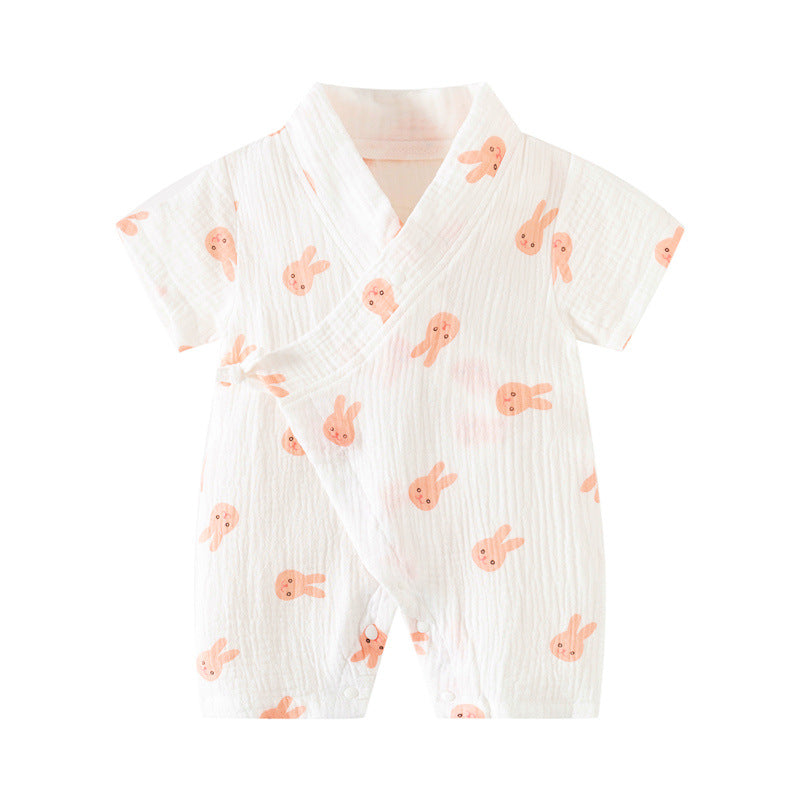 Baby Short Sleeve Kimono Romper – Breathable Crinkle Cotton Summer Bodysuit