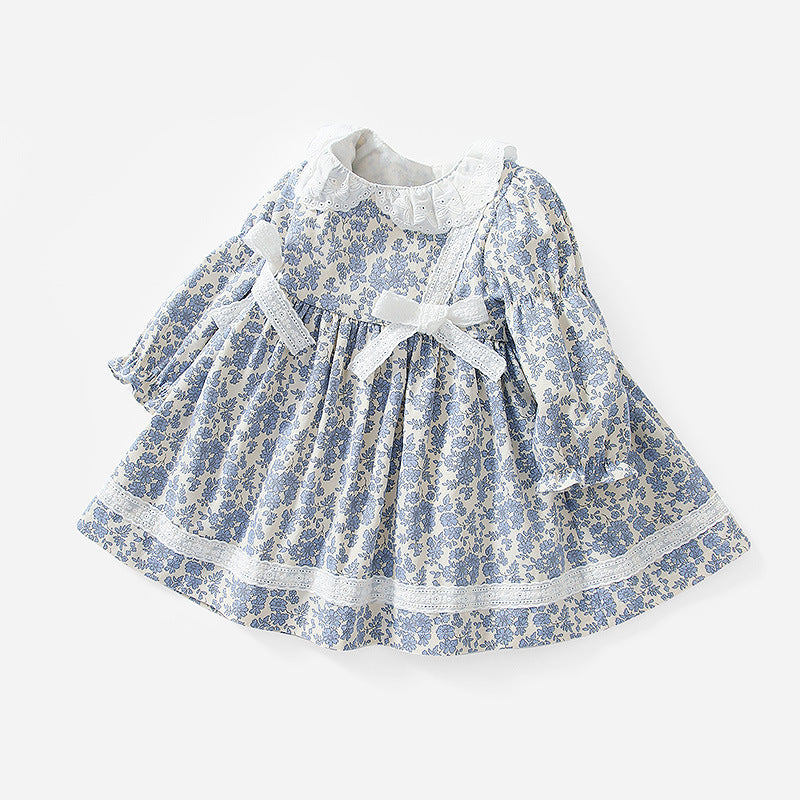 Baby Girl Long Sleeve Floral Princess Dress with Lace Bow – Spring Fall Outfit