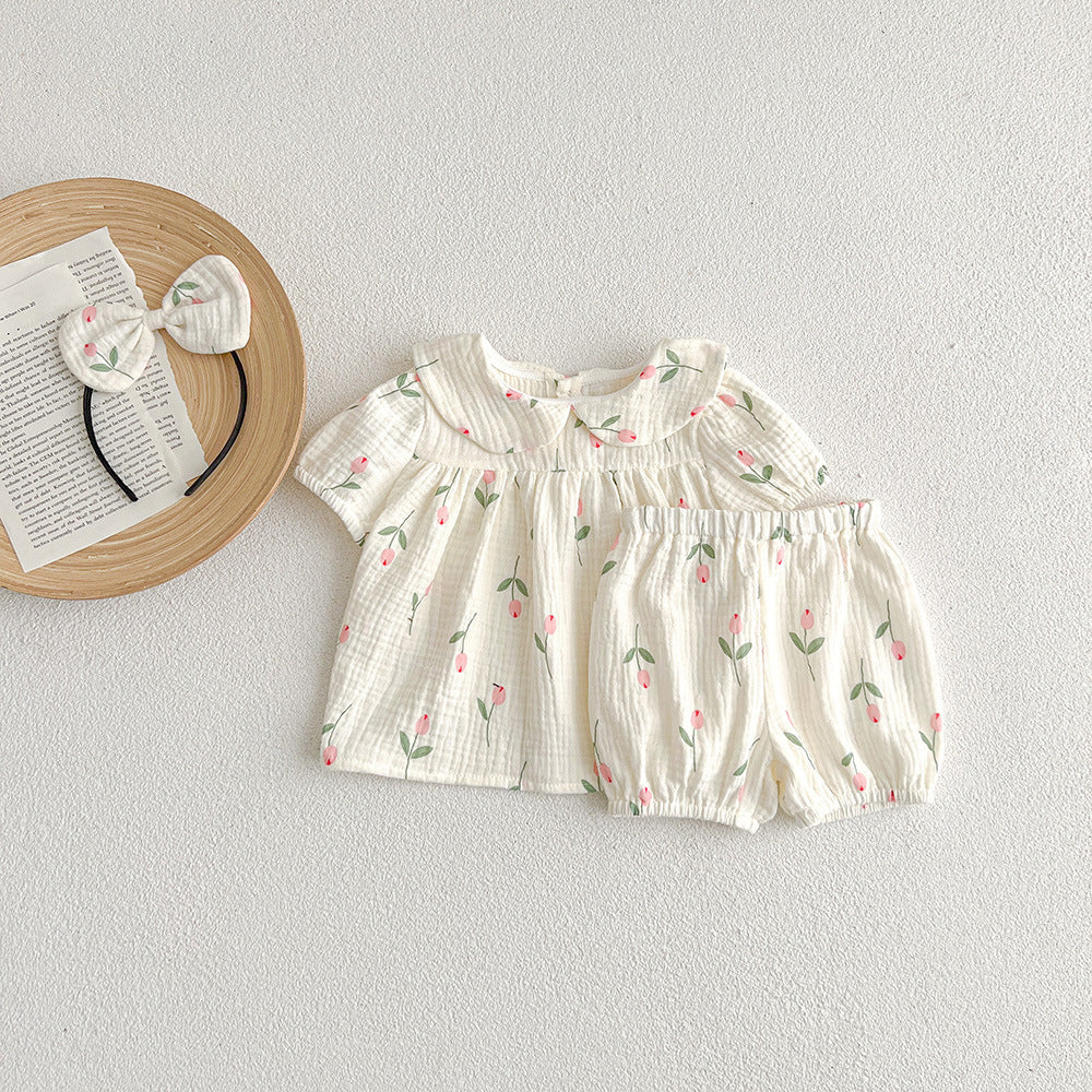 Baby Girl Tulip Gauze Bodysuit Set – Short Sleeve Summer Triangle Romper