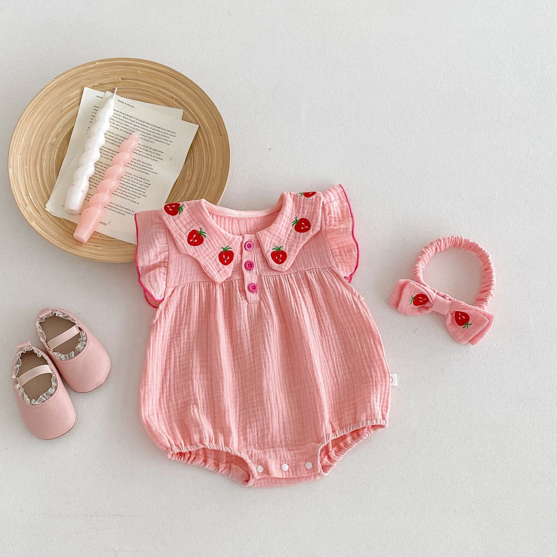 Baby Girl Crinkle Gauze Bodysuit Set with Headband – Princess Summer Romper