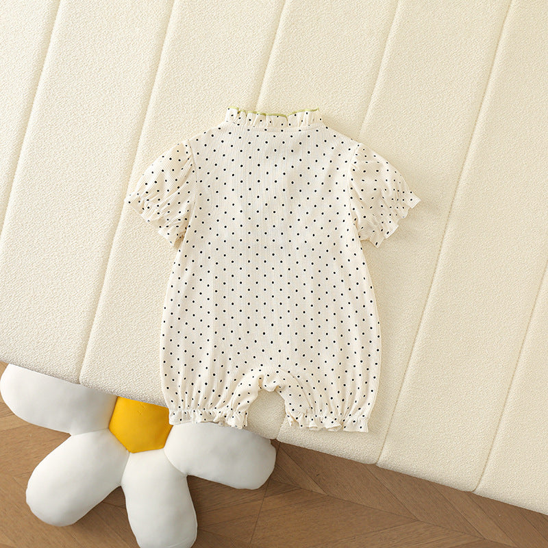 Baby Girl Floral Polka Dot Bodysuit with Lace Collar – Short Sleeve Summer Outfit