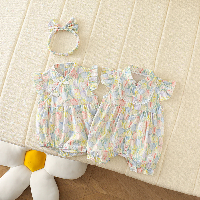 Baby Girl Tulip Bunny Ear Romper – Lightweight Summer Princess Bodysuit