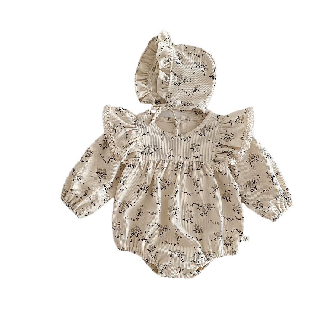Baby Girl Corduroy Floral Romper with Bonnet – Long Sleeve Spring Fall Outfit
