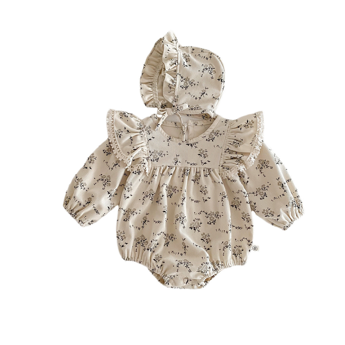 Baby Girl Corduroy Floral Romper with Bonnet – Long Sleeve Spring Fall Outfit
